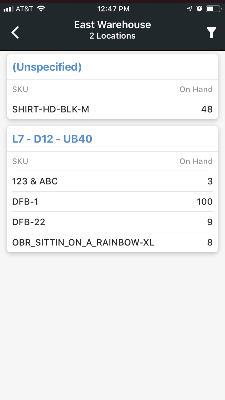 Mobile View Warehouse menu.
