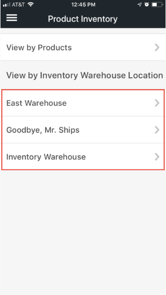 Mobile product inventory menu with Warehouse names highlighted.