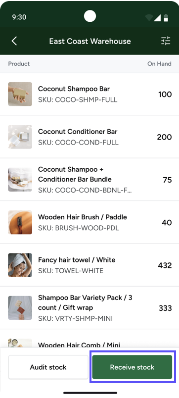 Mobile. Shows Inventory Warehouse screen and Receive Stock button highlighted.