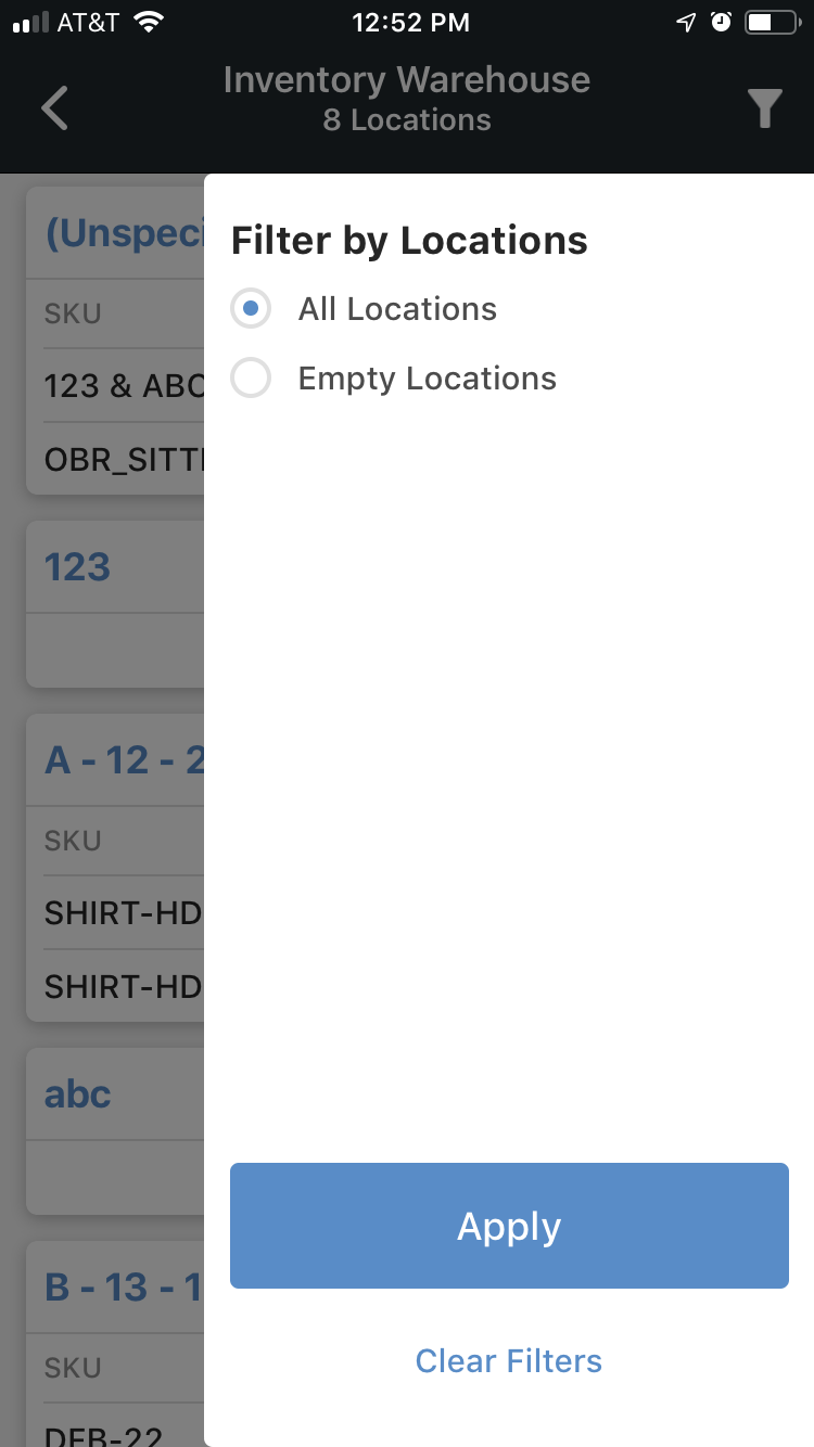 Mobile inventory Filter by Location menu