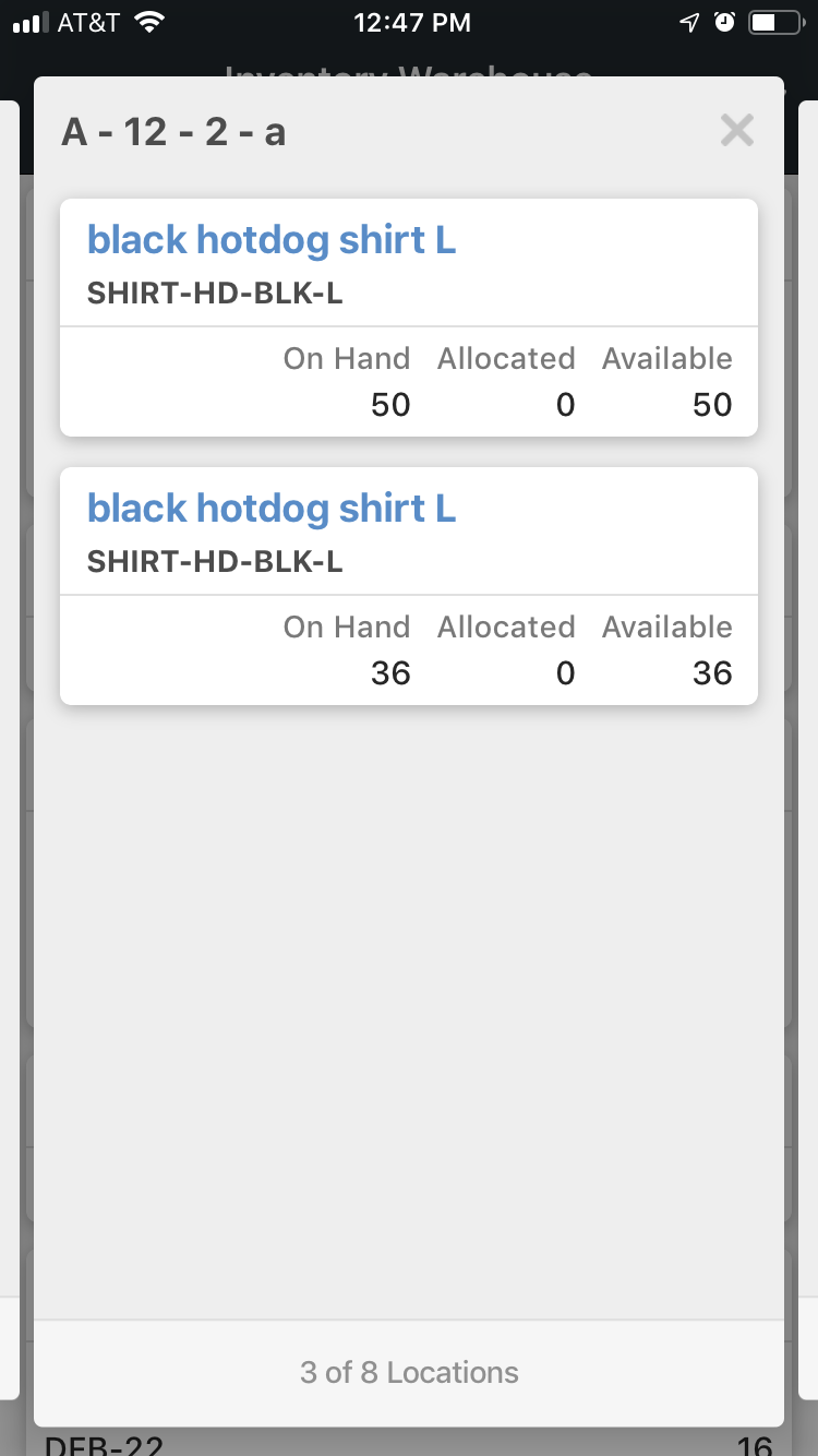 Mobile inventory Warehouse details pop-up.