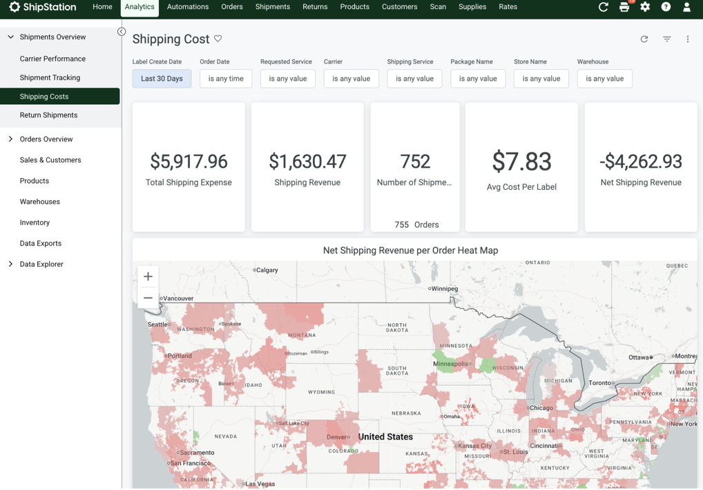 Screenshot of the Net Shipping Revenue per Order Heat Map section in a ShipStation analytics dashboard, displaying a regional color-coded map of North America alongside introductory summary text.