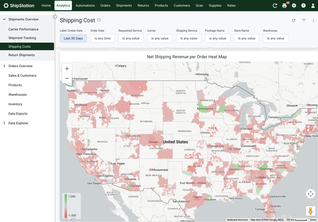 Screenshot of the Net Shipping Revenue per Order Heat Map from a ShipStation dashboard, featuring a color-coded geographic map of North America that visualizes profitability by customer destination region.