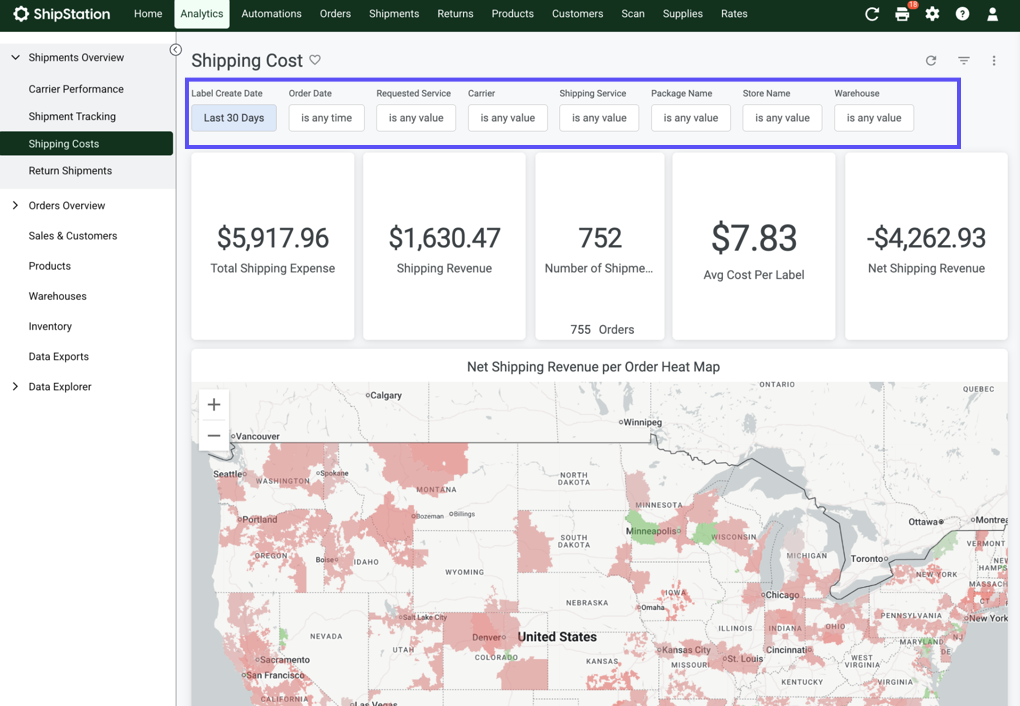 Shows Filters on the Shipping Cost in ShipStation analytics dashboard. See Global filter configuration bar, a row of five core financial & volume KPI tiles, & Net Shipping Revenue per Order regional heat map of North America.