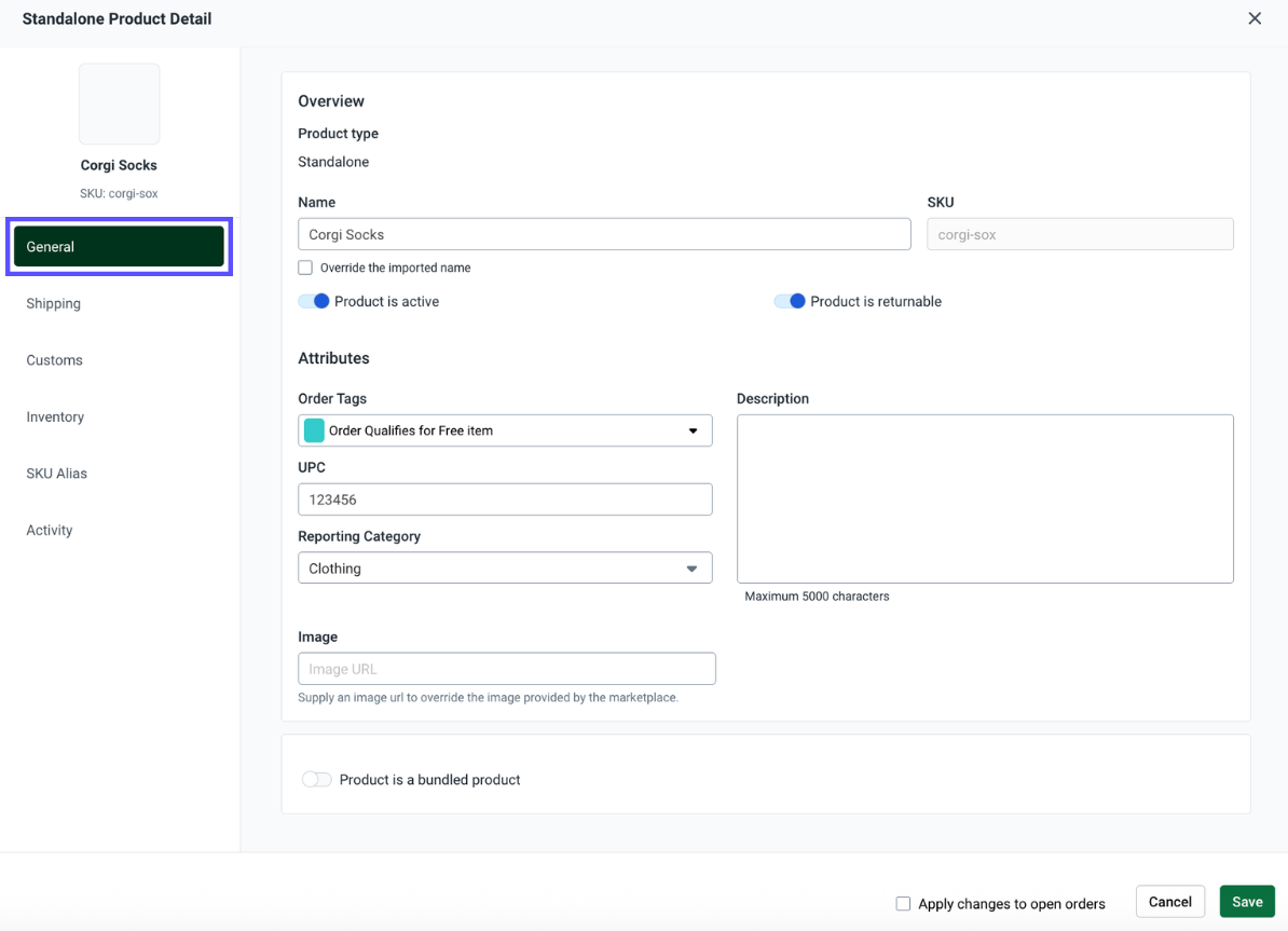Product Details screen with the General tab open.