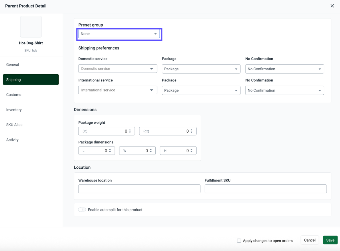 Shipping defaults tab with arrow pointed to Preset group dropdown.