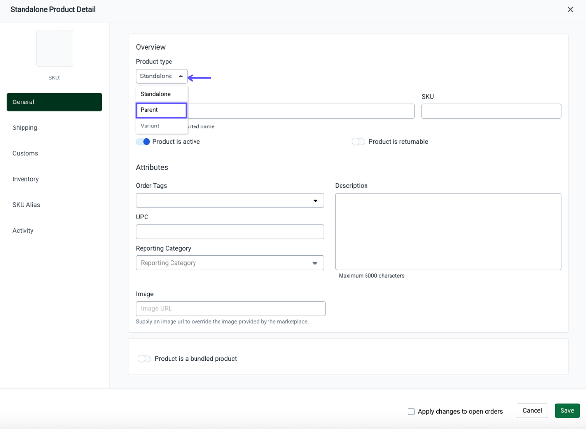 Product Type menu drop-down with Parent option selected.