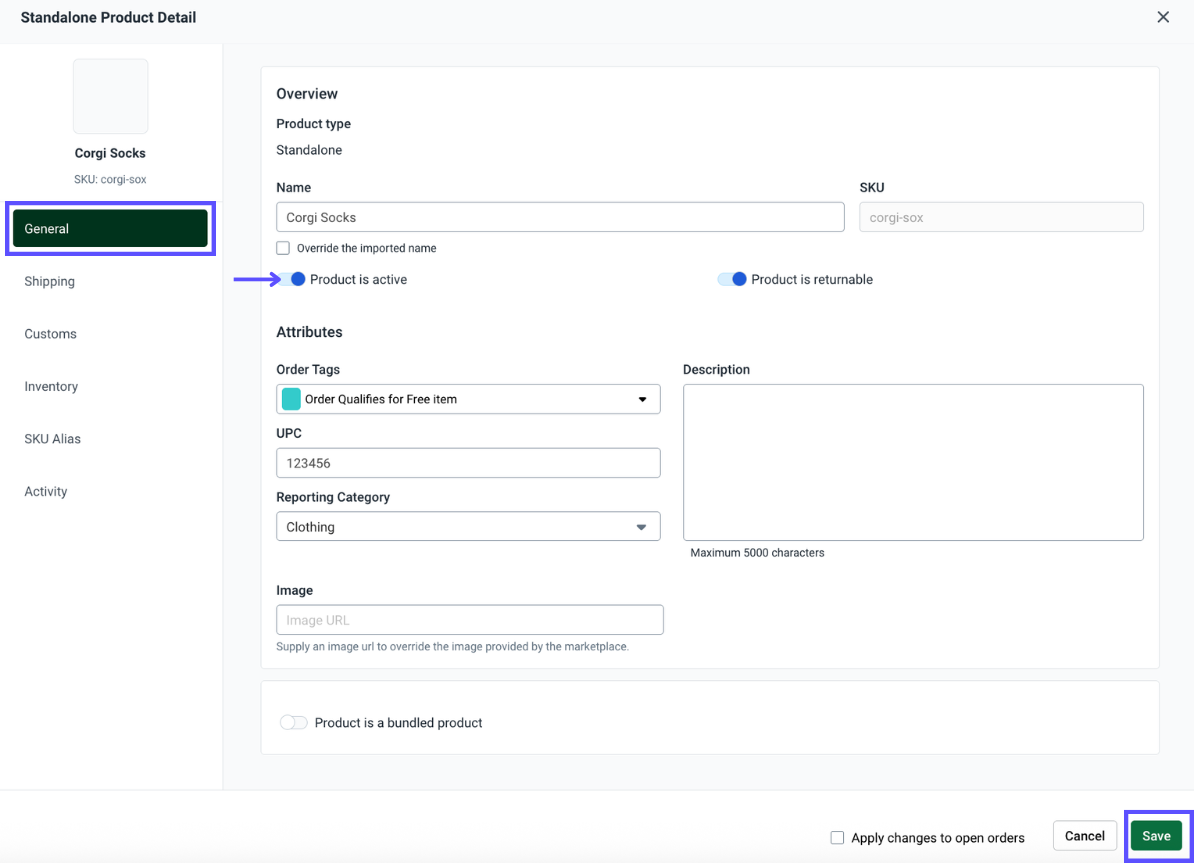 Product details general tab with arrow pointing to Active checkbox.