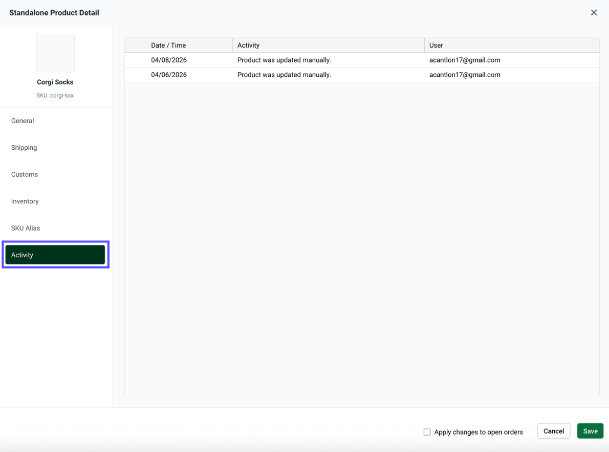 Product Details with the Activity tab open.