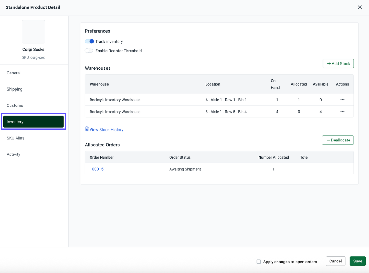 Product details with the Inventory tab open.