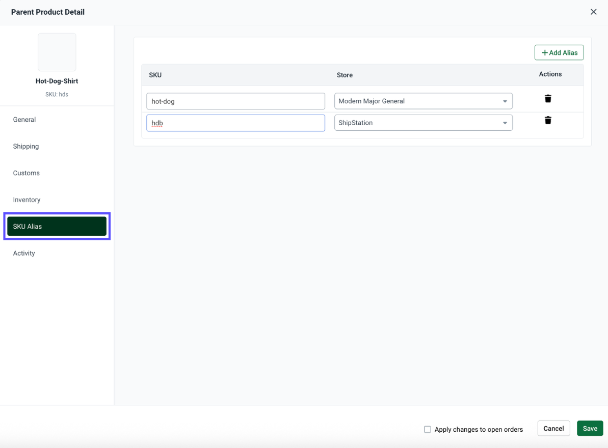 Standalone Product Detail popup. 1st box highlights Store Aliases tab, 2nd box, product Aliases. Arrow points to name default: (Any Store)