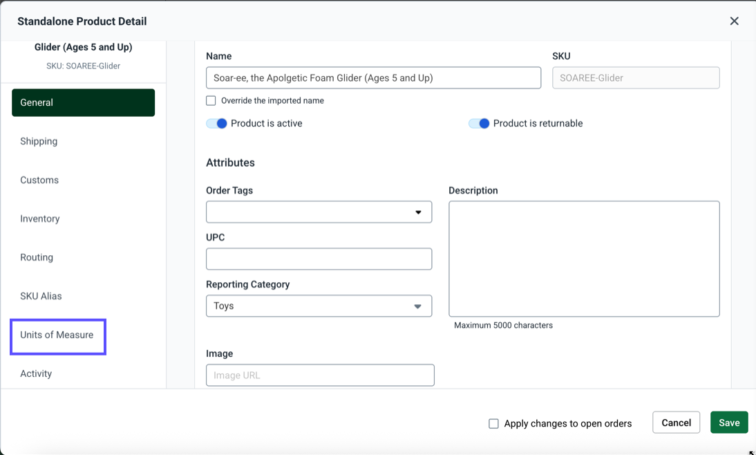 Shows the Product Detail window. Units-of-Measure menu option outlined in purple