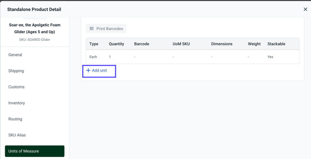 Shows the Unit of Measure screen in Product Details, highlighting the '+ Add Unit' button