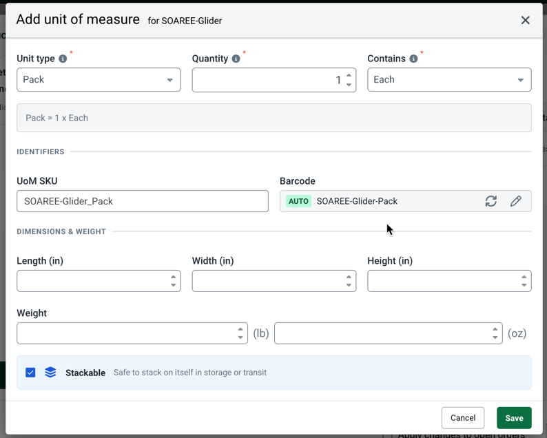 dd unit of measure pop-up. Form fields include Unit Type, Quantity, Contains, UoM SKU as SOAREE-Glider_Pack, & an automatically generated barcode, along with empty fields for dimensions & weight.