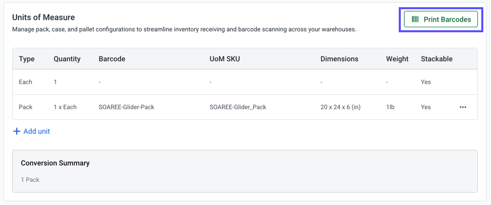 Shows the Print Barcodes button in the Unit of Measure page of Product Details