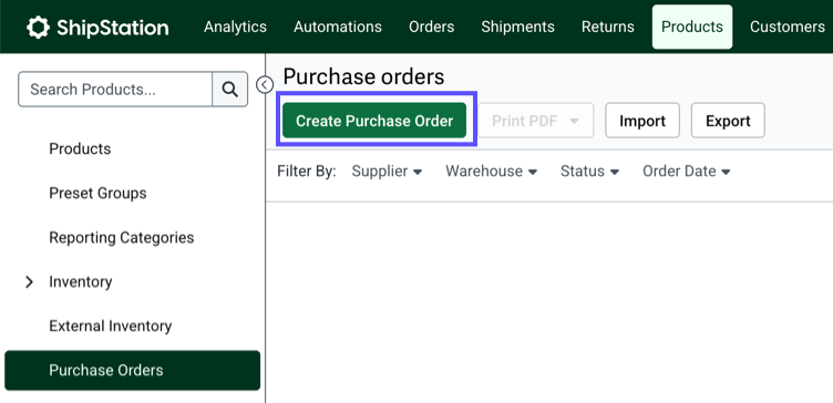 Shows ShipStation's Purchase Orders page interface, with Create-Purchase-Order button &amp; Purchase-Orders side navigation link