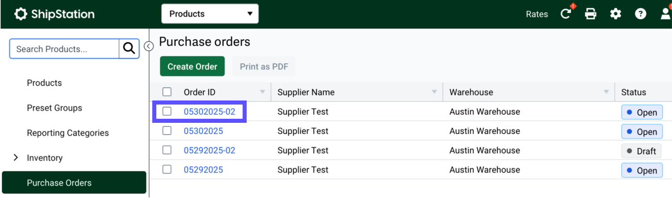 Shows Order IDs grid of Purchase orders on theProducts tab.