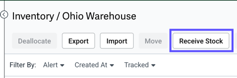 Products tab. Inventory. Warehouse. Shows the Receive Stock button in the toolbar.