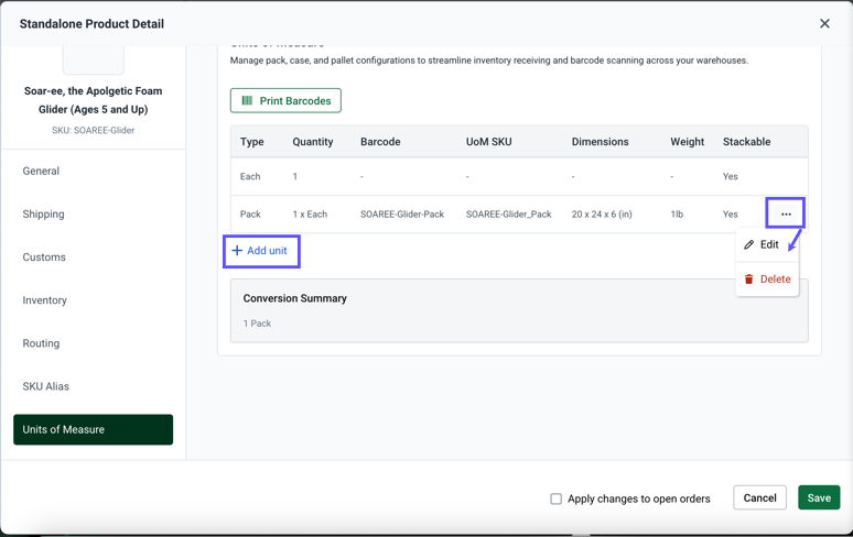 Product Details popup. Shows + Add Unit button & Actions menu with Edit option