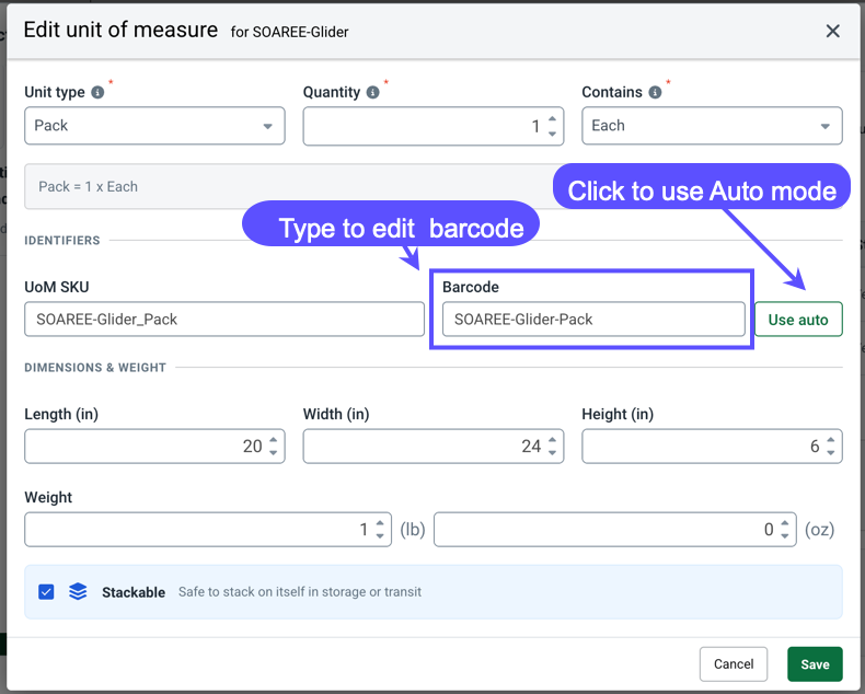 Shows the Edit-unit-of-measure pop-up in ShipStation with blue overlay callouts explaining how to manually type or auto-generate a barcode.