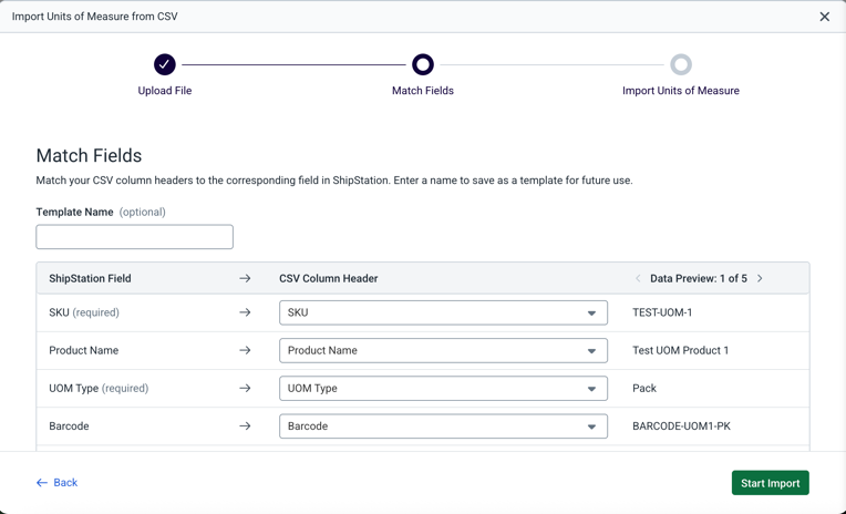Shows the Match Field pop-up with ShipStation vs CSV fields, & Start Import button.