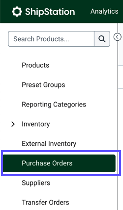 Products tab, side-navigation menu. Purchase-Orders option shown highlighted.