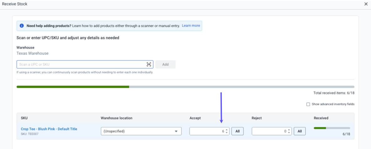 Recieve Stock pop-up for a PO. An arrow points to the quantity in the Accept field.
