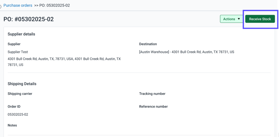 Shows the Recieve-Stock button marked on the Product Details popup.