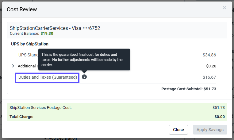 Cost Review popup. A box shows the line & hover-over for Duties and Taxes guaranteed.