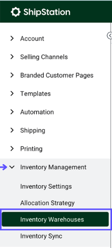 Settings Sidebar. Inventory Management dropdown: Red box highlights Inventory Warehouses option.