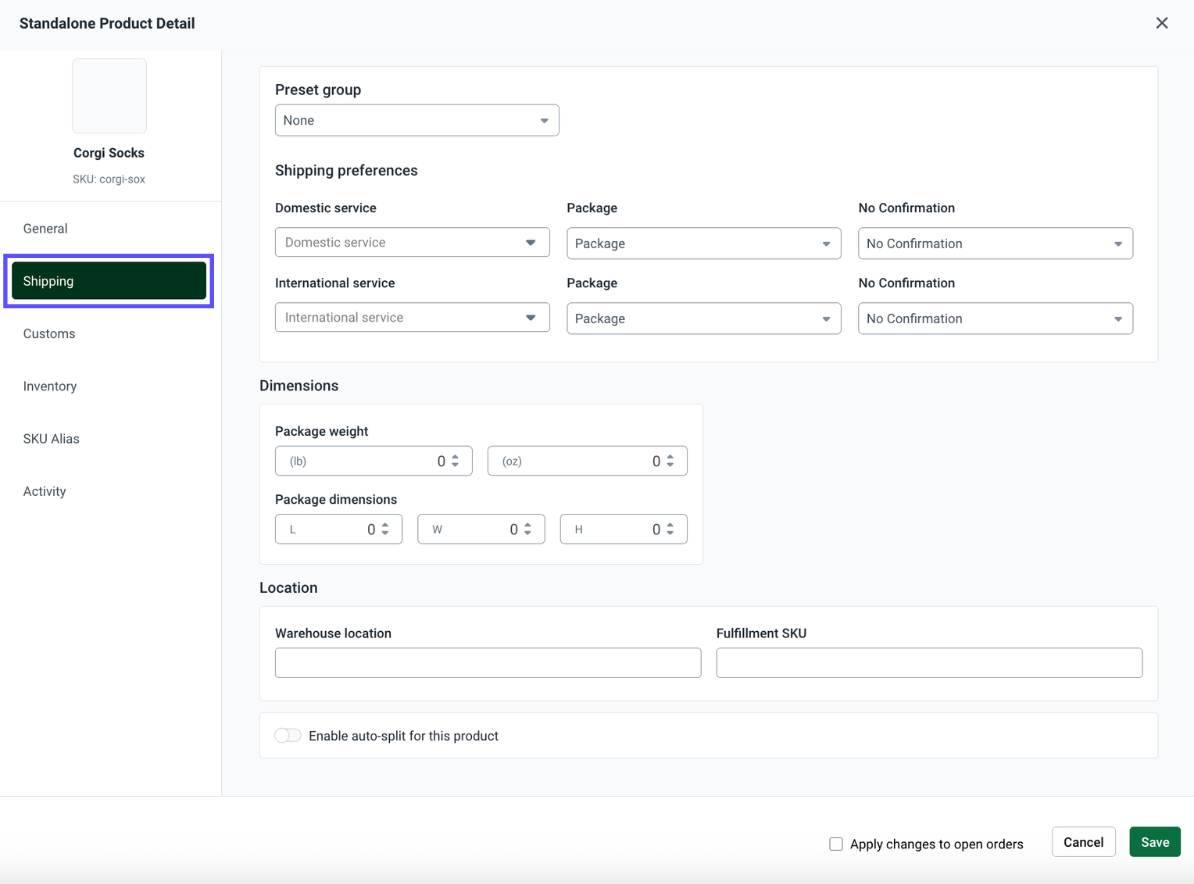 Product details Shipping defaults tab.