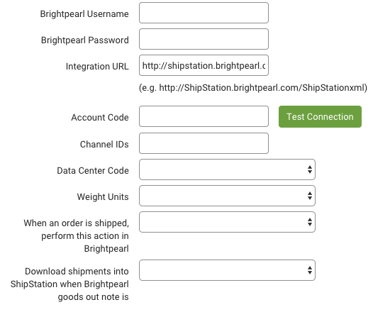 Campos de formulario de conexión de Brightpearl en la configuración de ShipStation