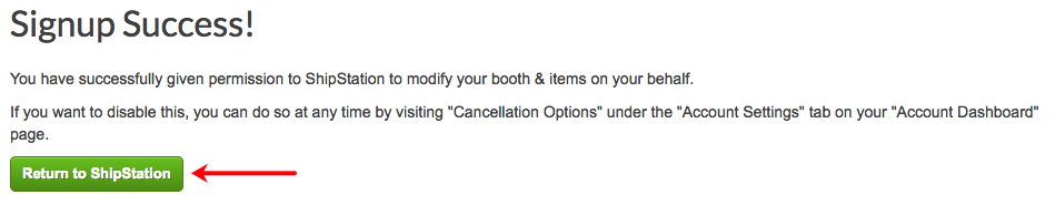 Bonanza-Anmeldebestätigung mit Pfeil, der auf die Schaltfläche „Zurück zu ShipStation“ zeigt.