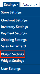 CoreCommerce settings menu open with Plug-In Settings open highlighted