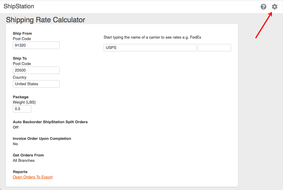 Paramètres d'intégration de ShipStation avec Cin7 ouverts, une flèche pointe vers l'icône roue dentée.