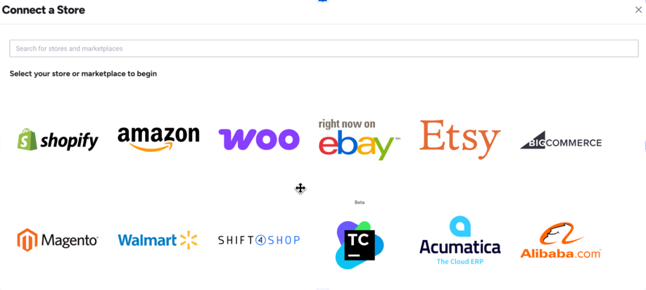 Shows store options in the Connect a Store pop-up.