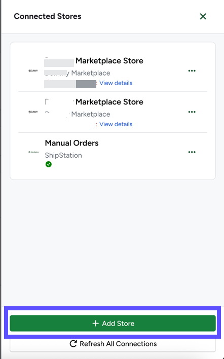 Shows the + Add Store button in Connected Stores drawer.