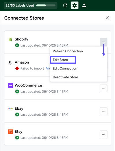 Shows Edit Store selected from the store's Action dropdown menu