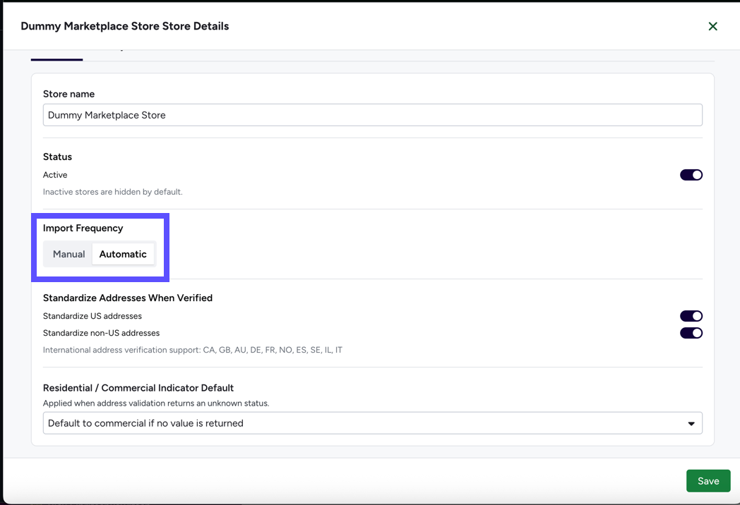 Shows the toggle for Import Frequency options: Manual & Automatic