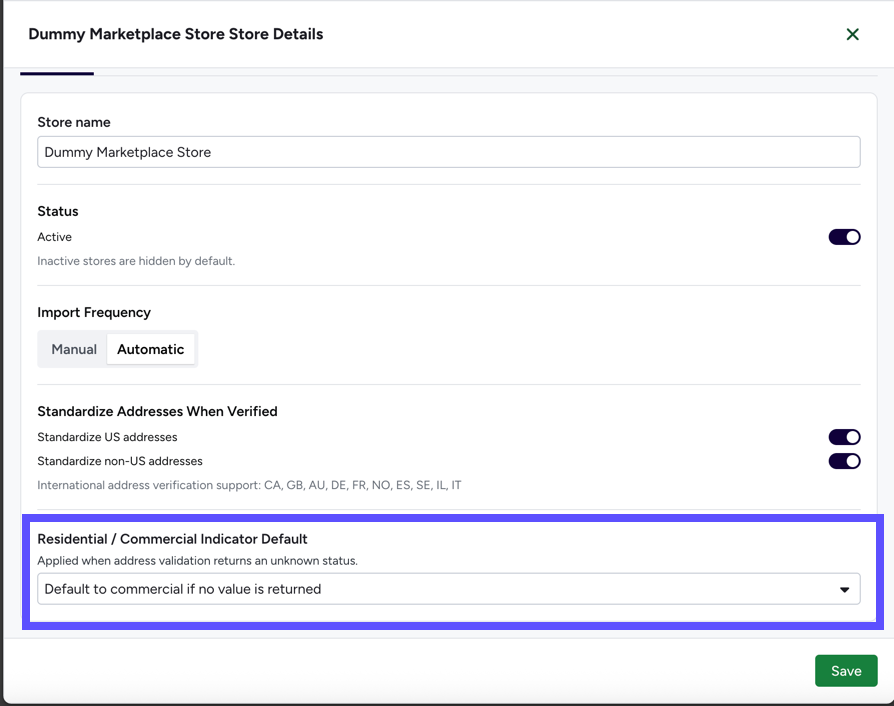 Shows the Residential /Commercial Indicator Default menu on the Store Details page.