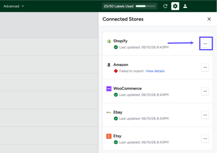 Shows the ellipsis Actions menu in the Connected Stores pop-up