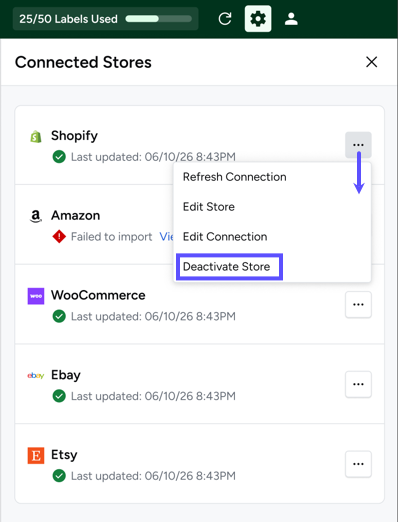 Shows the Deactivate Store option selected in the Edit-Store Actions menu.