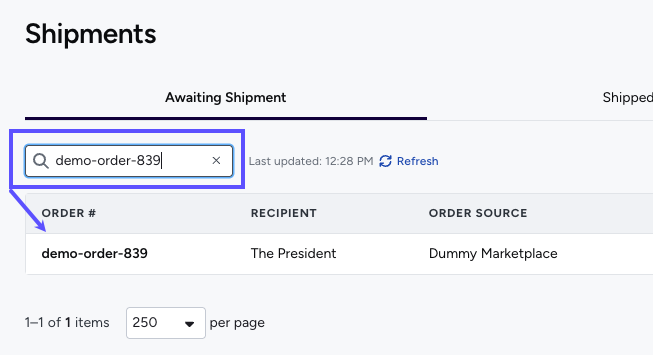 Shows an Order number in Search bar & the order in the Shipments grid