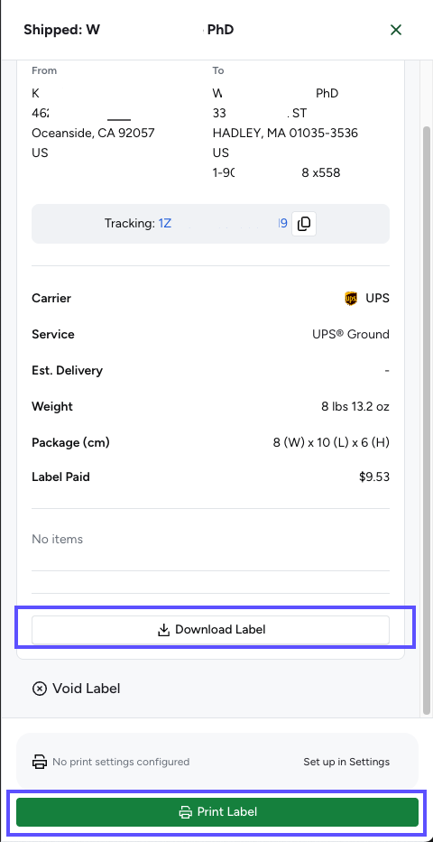 Shows the Download Label & Print Label buttons in the Simplified View Shipment Details