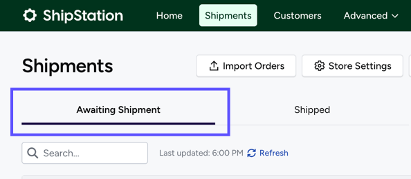 Shows Awaiting Shipment tab on ShipStation Simplified View's Shipment page.