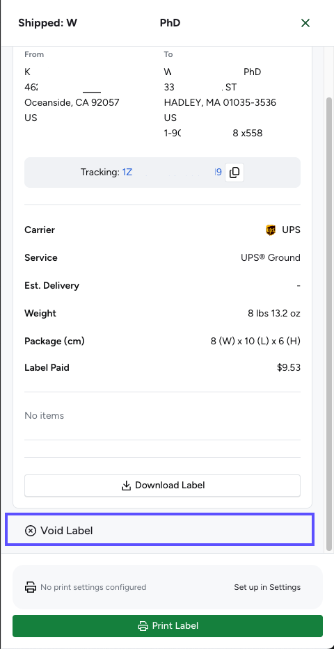 Shows the Void Label button in the Simplified View Shipment Details