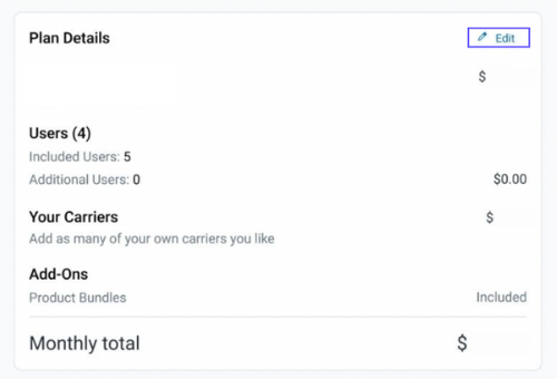Subscription plan section with manage plan marked.