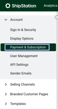 Account settings sidebar. A box highlights the Payment & Subscription option