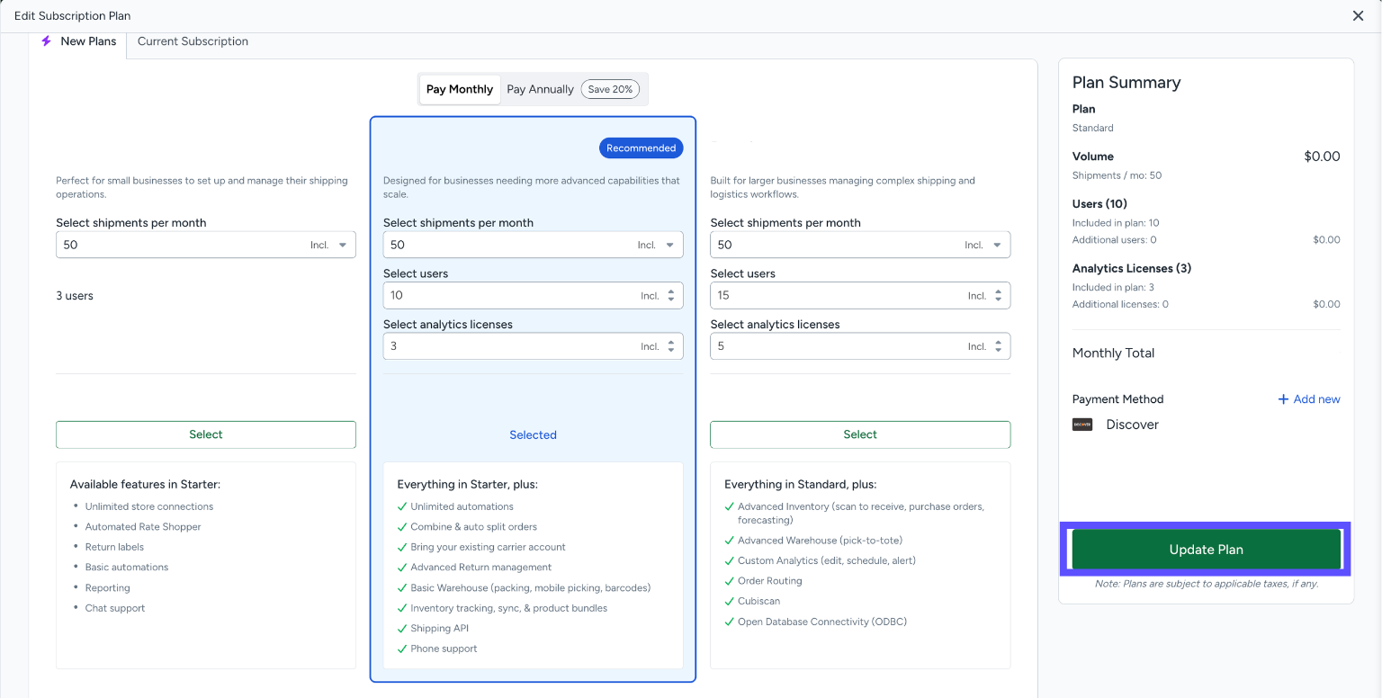 Change subscription plan pop-up screen displaying plan levels, prices, and features.