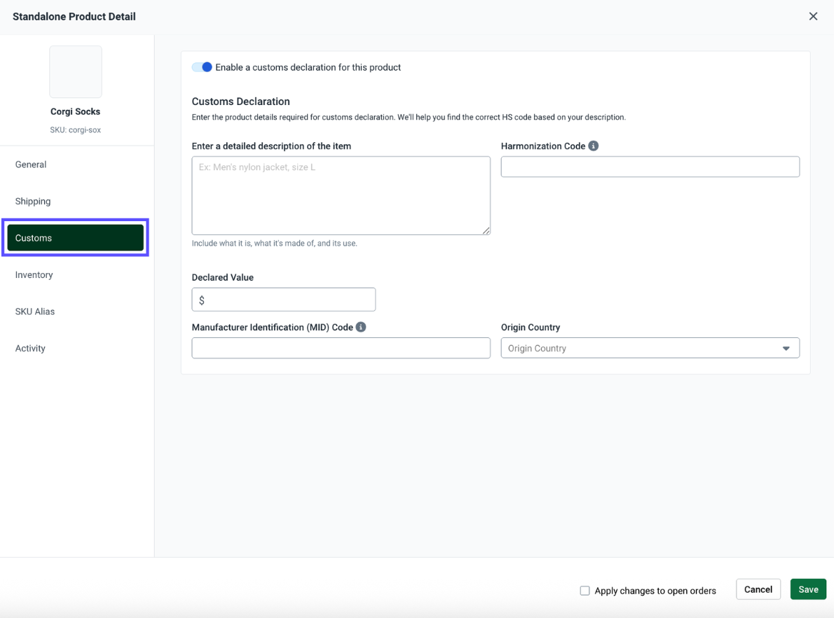 Product details with the Customs tab open.